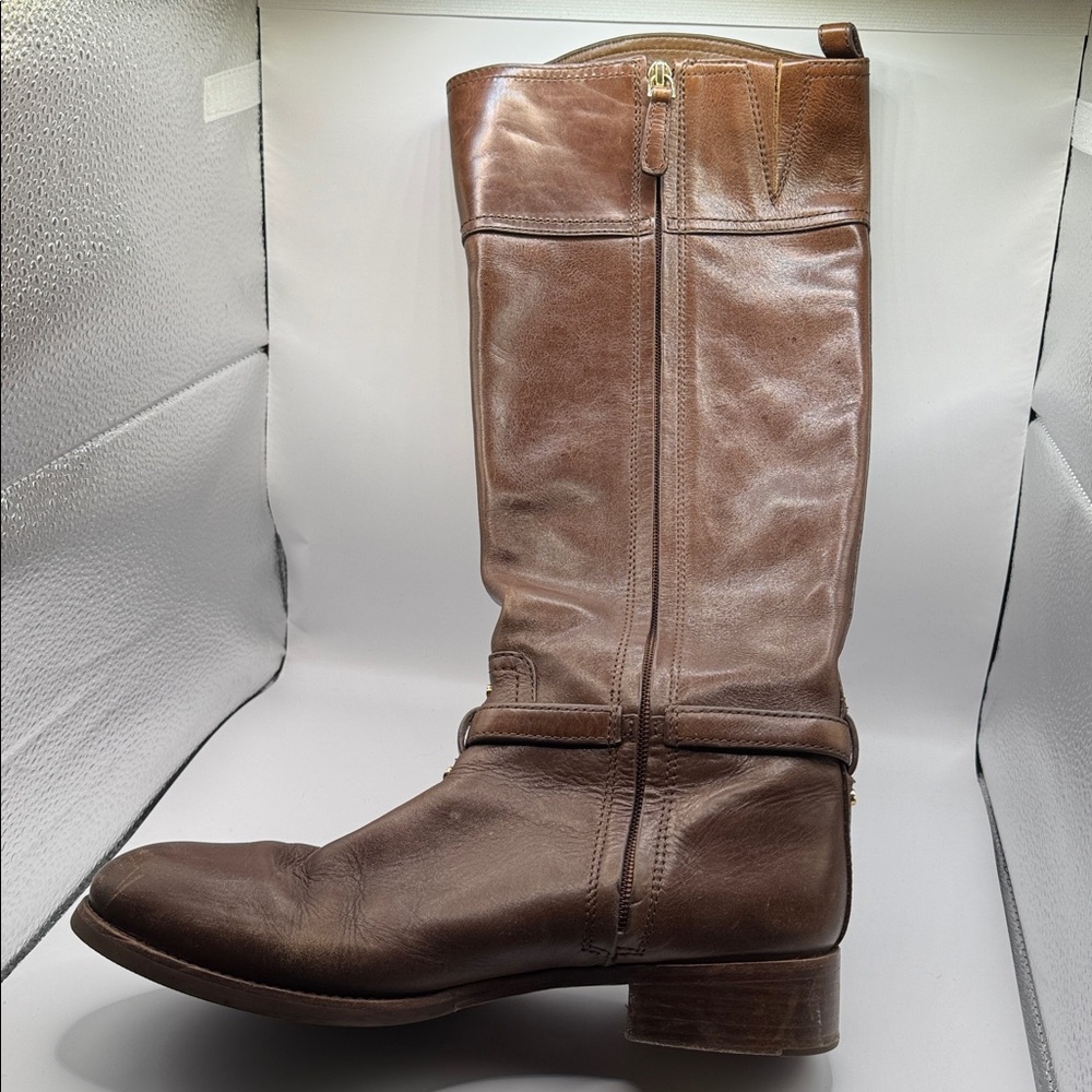 Tory Burch Marlene Riding Boots Brown Leather 9M Gold Buckle Equestrian Tall - Picture 9 of 16